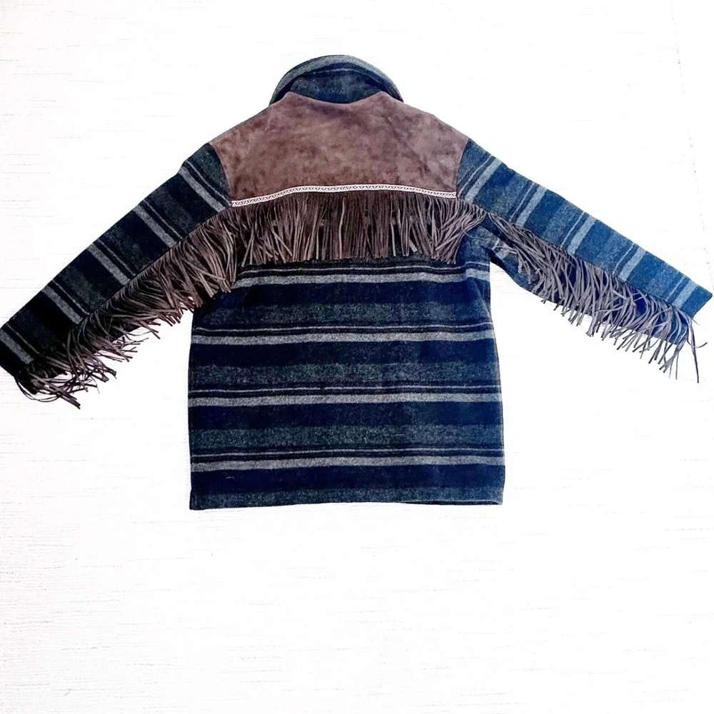 BLEU BLANC ROUGE Vintage Women L Brown/Blue Coat Fringe Suede Yellowstone Tribal